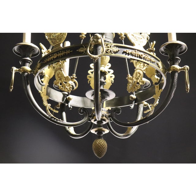 Metal Rare Fine Quality Brass and Iron Lyre Form French Empire Chandelier For Sale - Image 7 of 10