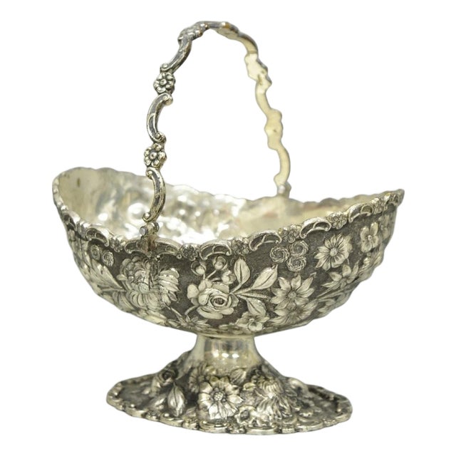 Antique Victorian Japanese Silver Plated Rose Flower Repousse Nut Bowl Dish For Sale