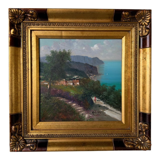 Vintage Mediterranean Coastal Oil on Canvas Painting - Framed For Sale