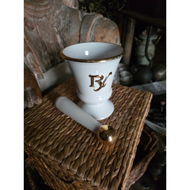 Antique White Apothecary Mortar and Pestal by Owens For Sale - Image 8 of 9