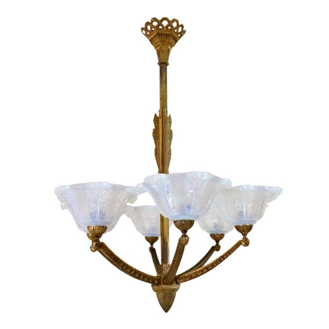 Ceiling Lamp with Bronze Mount and Opalescent Glass, 1930s, in Good conditions. Designed 1920 to 1949 Up to 250V...