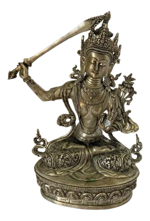 Mid 20th Century Silvered Metal Manjushri, Sino, Tibetan Buddhist Deity Statue
