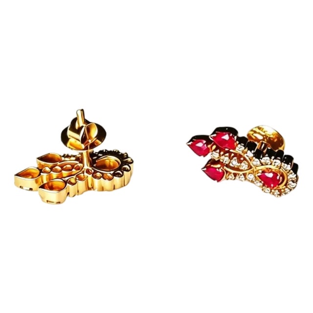 Late 20th Century 18K Yellow Gold Ruby Rubies Diamond Earrings, Pair For Sale