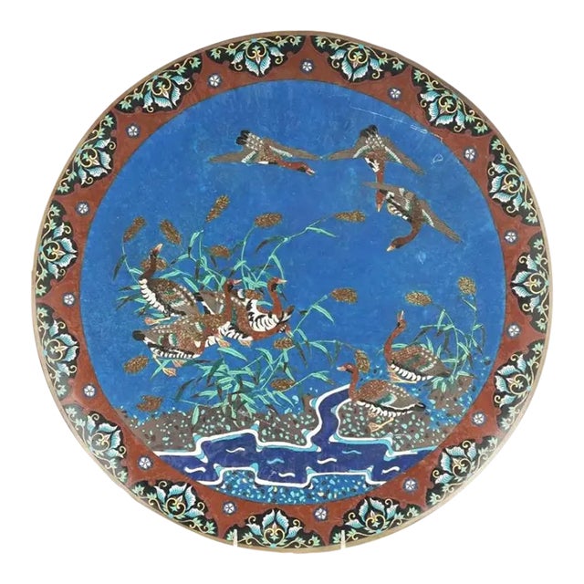 18" Large Meiji Japanese Cloisonne Enamel Charger Flying Geese For Sale