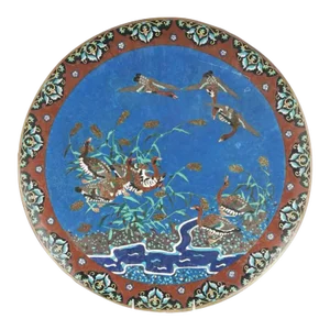18" Large Meiji Japanese Cloisonne Enamel Charger Flying Geese