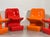Set of 4 Bau model chairs designed by Isao Hosoe and produced by Bilumen in the 70s, two red and two orange, brand present...