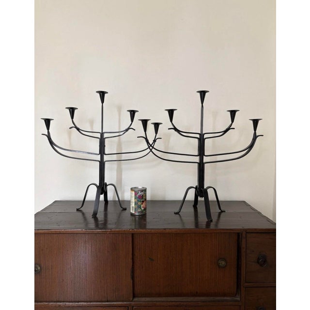 Pair of Vintage Spanish Brutalist Iron Candelabras 5 Candle Holder Large! MCM For Sale In Seattle - Image 6 of 10