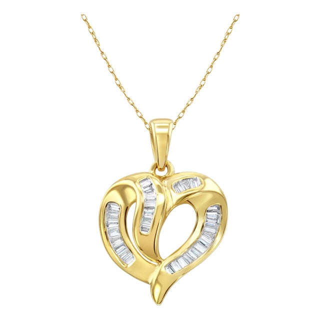 Half Carat Heart Shaped Baguette Diamond Pendant 16" For Sale