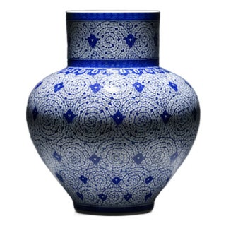 Handmade Ceramic Large Iznik Vase Monumental Size Blue and White Golden Horn (Halic) Style Scroll Pattern For Sale