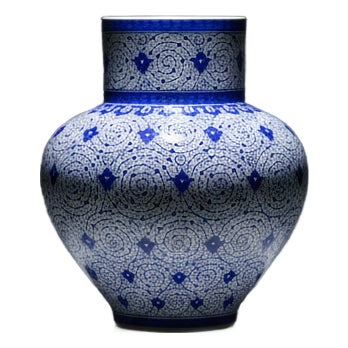 Handmade Ceramic Large Iznik Vase Monumental Size Blue and White Golden Horn (Halic) Style Scroll Pattern For Sale