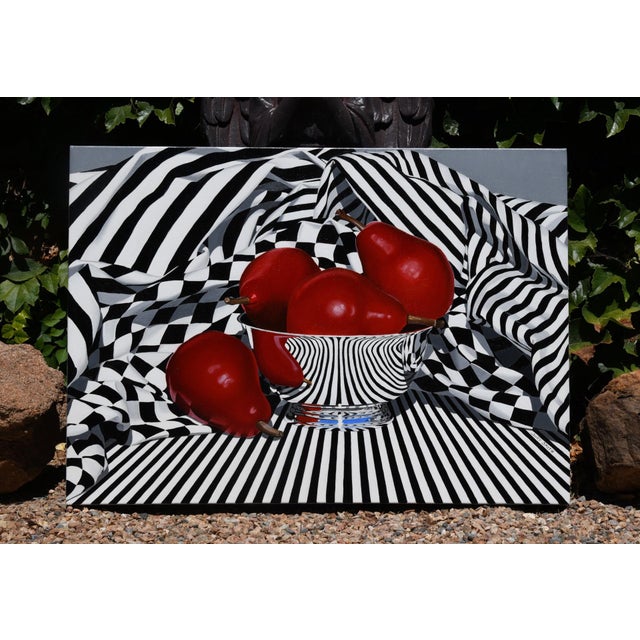 This oil on canvas composition features a striking arrangement of red pears set against a dynamic backdrop of black and...