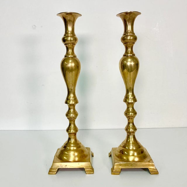 Hollywood Regency Mid-Century Boho Chic Arts & Crafts Brass Alter Candlestick Holders - A Pair For Sale - Image 3 of 11