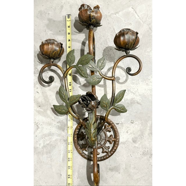 Metal Vintage Italian Style Pair Rose Design Metal Wall Candleholders For Sale - Image 7 of 8