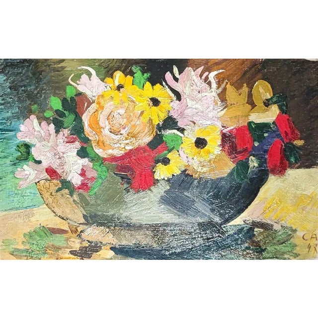 C.A., Composition printanière, 1947, Oil on Cardboard, in Flawless conditions. Designed 1920 to 1949 This piece has an...