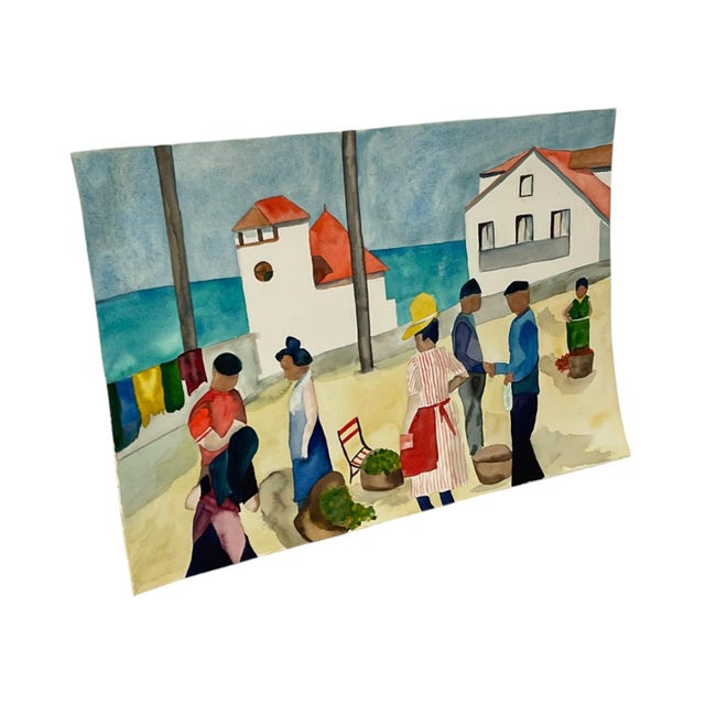 Coastal 1970s Signed M. Hinea Coastal Village Market Original Watercolor Painting. For Sale - Image 3 of 10