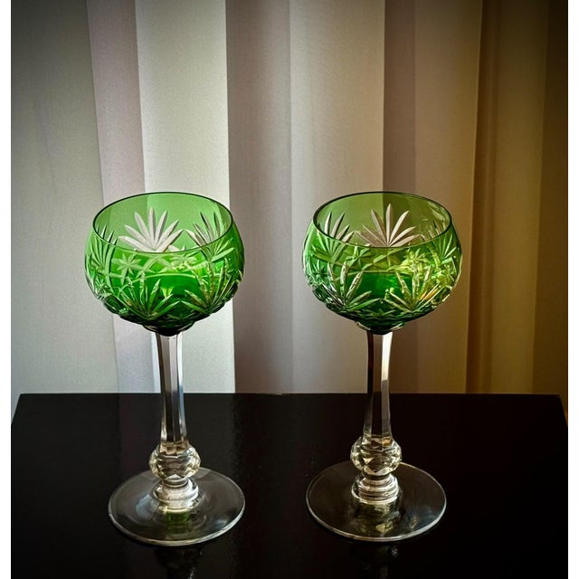 Glass Green Massenet Crystal Hock Glasses by Saint-Louis, 1920, Set of 2 For Sale - Image 7 of 16