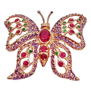 Bochic "Orient" Vintage Ruby & Emerald Brooch  18K Gold over Silver For Sale
