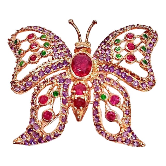 Bochic "Orient" Vintage Ruby & Emerald Brooch  18K Gold over Silver For Sale