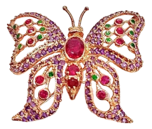 Bochic "Orient" Vintage Ruby & Emerald Brooch  18K Gold over Silver