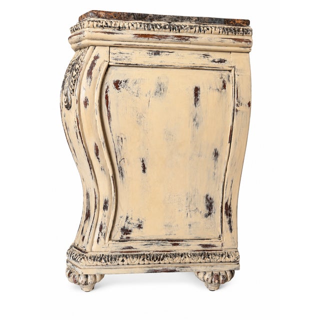 2000 - 2009 French Provincial Chest of Drawers • Distressed Cream Dresser • Caramel Marble Top •Carved Solid Wood • 3 Drawer Vintage Furniture For Sale - Image 5 of 6