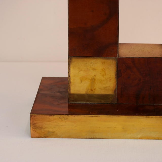 Mid-Century Modern Mid-Century Geometric Table Lamp in Briar and Brass with Canvas Shade, Italy, 1970s For Sale - Image 3 of 6