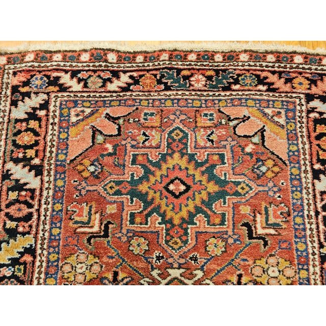 Vintage Persian Heriz Karajah Rug, Hand-Knotted Wool, Geometric Pattern, Rust-Red & Navy, 4x5 For Sale - Image 12 of 18
