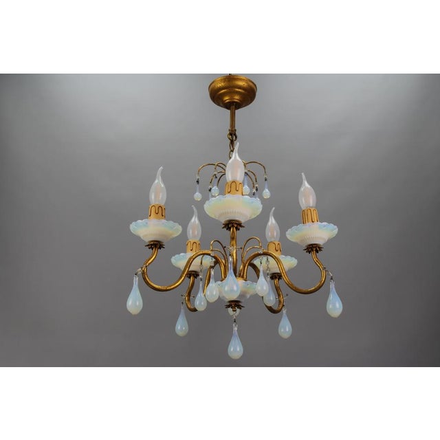 Hollywood Regency Italian Florentine Gilt Metal and White Opalescent Glass Five-Light Chandelier, 1970s For Sale - Image 3 of 18