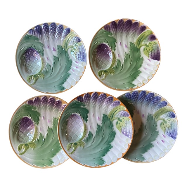 Art Nouveau French Majolica Asparagus Plates from Saint Amand, 1920s, Set of 5 For Sale