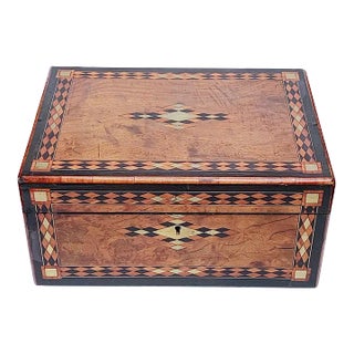 19th Century Wood Box With Detailed Geometric Inlay With Metal Details and Silk Lining For Sale