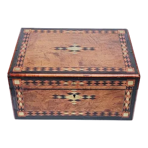 19th Century Wood Box With Detailed Geometric Inlay With Metal Details and Silk Lining