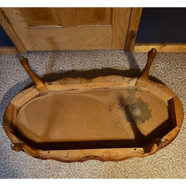 Vintage Mid-Century French Provincial Oval Coffee Table With Tooled Leather Top For Sale In Minneapolis - Image 6 of 7