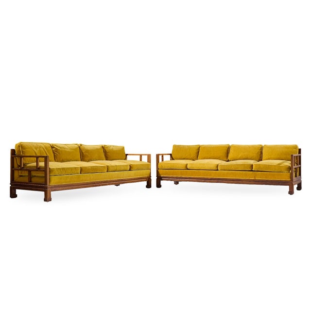 Michael Taylor for Baker Furniture Far East Collection Mid Century Walnut Sofa - Pair Each sofa measures: 90.25 wide x...