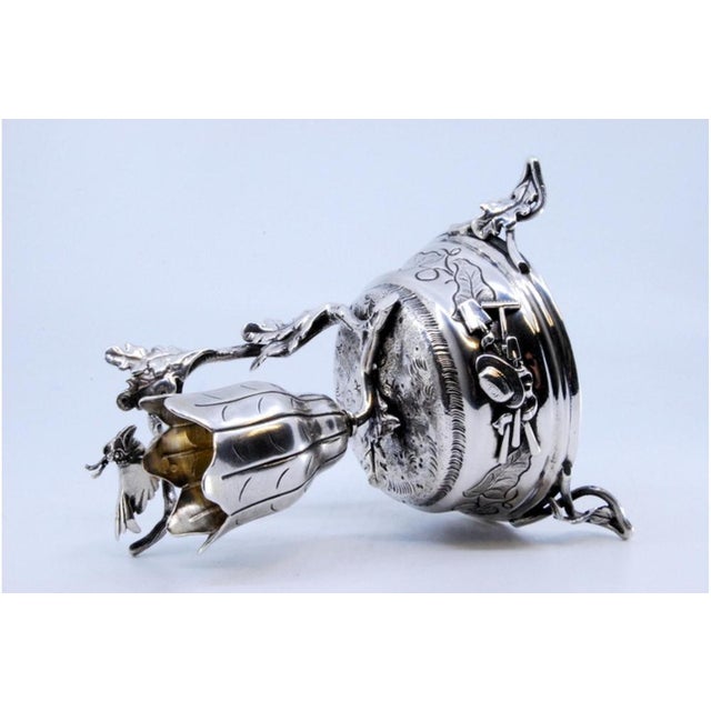 Flower-Shaped Silver Toothpick Holder with Bird Perched on Branch and Base with Acanthus Leaves and Labor Motifs For Sale - Image 9 of 10