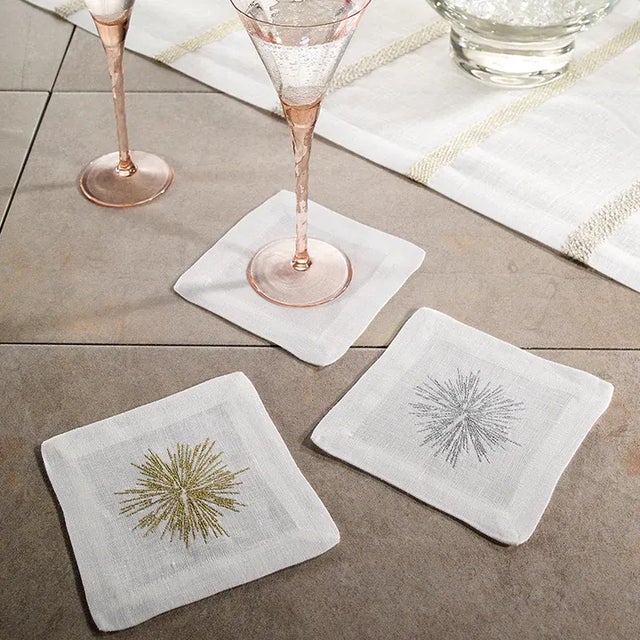Contemporary Sunburst Silver Linen Cocktail Napkins - Set of 4 For Sale - Image 3 of 3