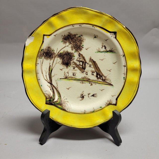 19th C Italian Majolica Albisola Plates Yellow With Scenes -Set of 6 For Sale - Image 9 of 9