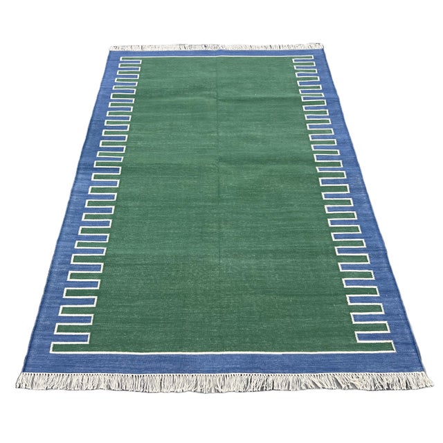 Mid-Century Modern Handmade Cotton Vegetable Dyed Rug, Forest Green, White and Blue Zig Zag Striped Dhurrie-5'x7' For Sale - Image 3 of 12