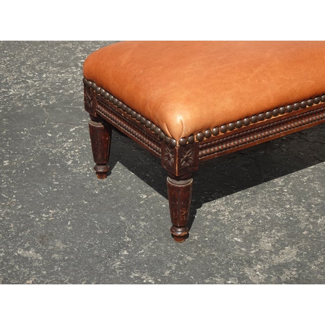 Wood Vintage French Provincial Burnt Orange Leather Footstool For Sale - Image 7 of 12