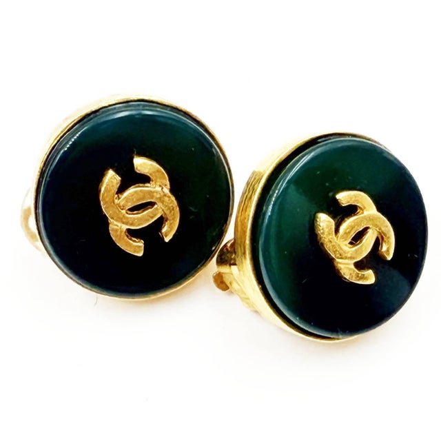 Contemporary Chanel Vintage Gold Plated CC Green Stone Round Clip on Earrings, A Pair For Sale - Image 3 of 4