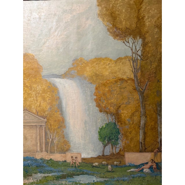 A large Arcadian landscape in oil, c. 1930: a waterfall and classical temple, nude figures and putti, and golden autumn...