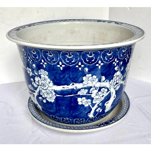Late 1800s Blue/White Prunus Blossom Chinese Jardiniere With Underplate For Sale - Image 4 of 15