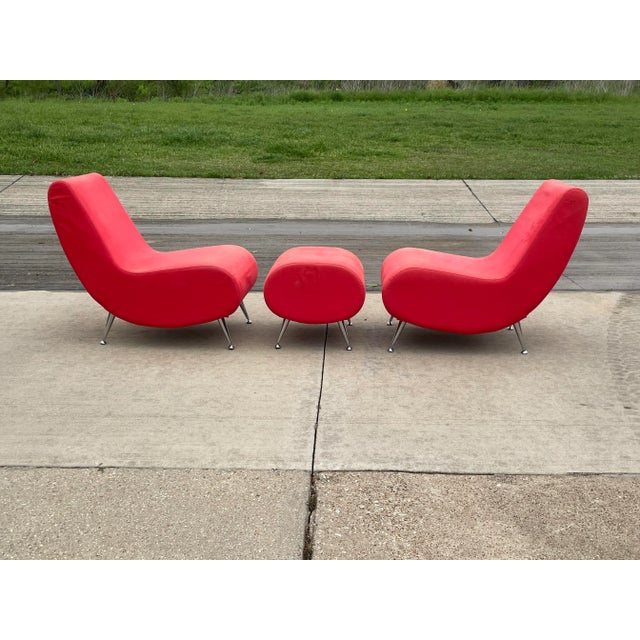 2000 - 2009 Mid Century Modern Lounge Chairs & Ottoman - 3 Pieces For Sale - Image 5 of 11