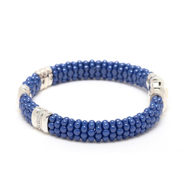 Caviar Lagos .28ctw Diamond &Blue Bead Bracelet, Sterling Silver 14k Yellow Gold For Sale - Image 4 of 7