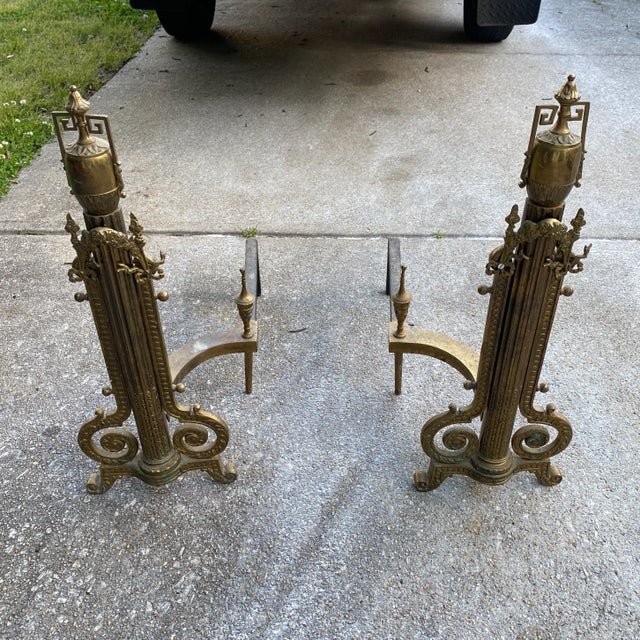 1930s Greek Key Brass Andirons - a Pair For Sale - Image 4 of 8