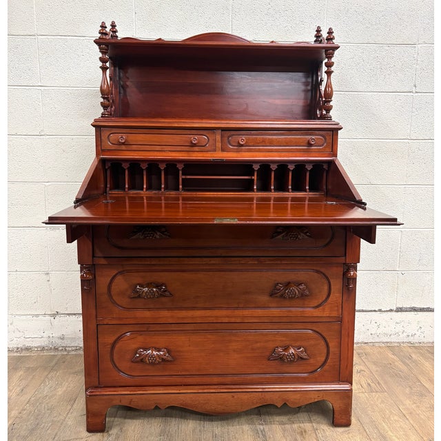 This is a gorgeous vintage Davis Cabinet Co. Lillian Russell Collection Victorian style solid walnut secretary desk with...