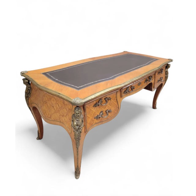 Late 19th Century Antique French Satinwood Parquetry Louis XVI Writing Desk, Tooled Leather Top & Ormolu For Sale - Image 5 of 10