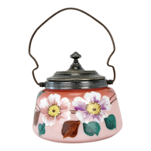 Victorian Painted Glass Biscuit Jar Silver Plate Mount Circa 1890