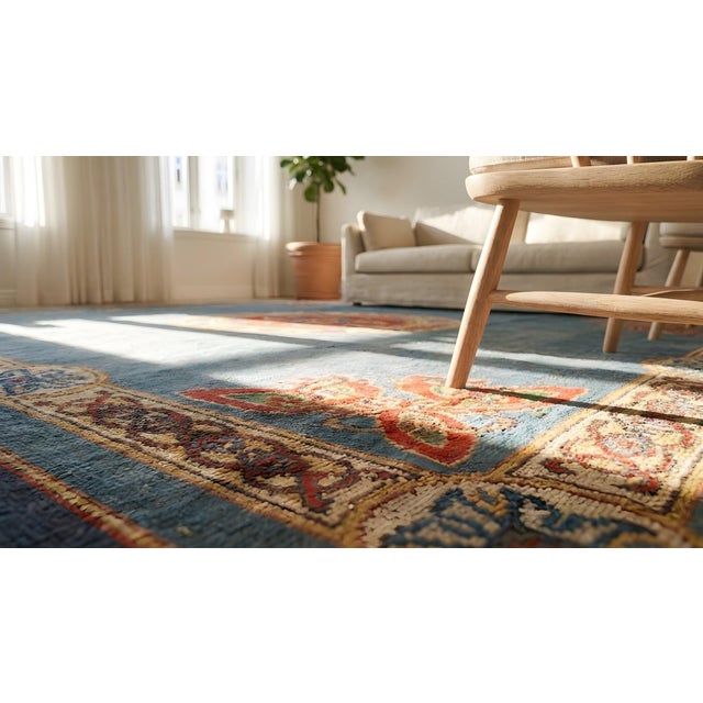 Striking Sky Blue and Orange Color With Medallion Design Antique Donegal Arts & Crafts Rug For Sale - Image 12 of 12