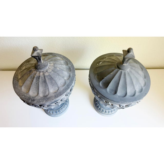 English Neoclassic Adams Style English Garden Urns, a Pair, Late 19th Century For Sale - Image 3 of 15
