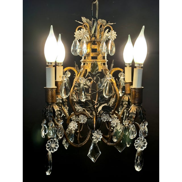 Mid 20th Century Italian Tole and Crystal Foliate Chandelier, Basket-Form For Sale - Image 4 of 9