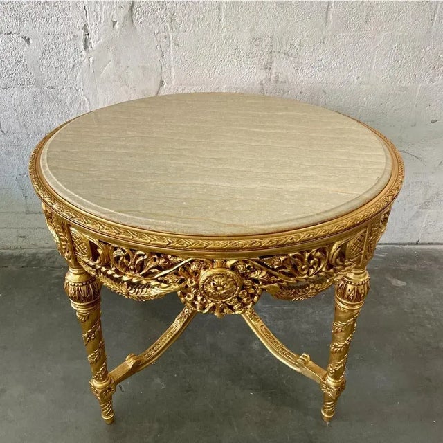 Stone Grand French Baroque Round Coffee Table – Beige Marble Top With Ornate Gold Leaf Details For Sale - Image 7 of 7